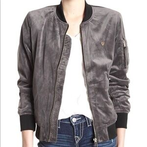 🔥NEW TRUE RELIGION PLUSH VELVET GRAY BOMBER JACKET WINTER FALL DESIGNER COZY XS